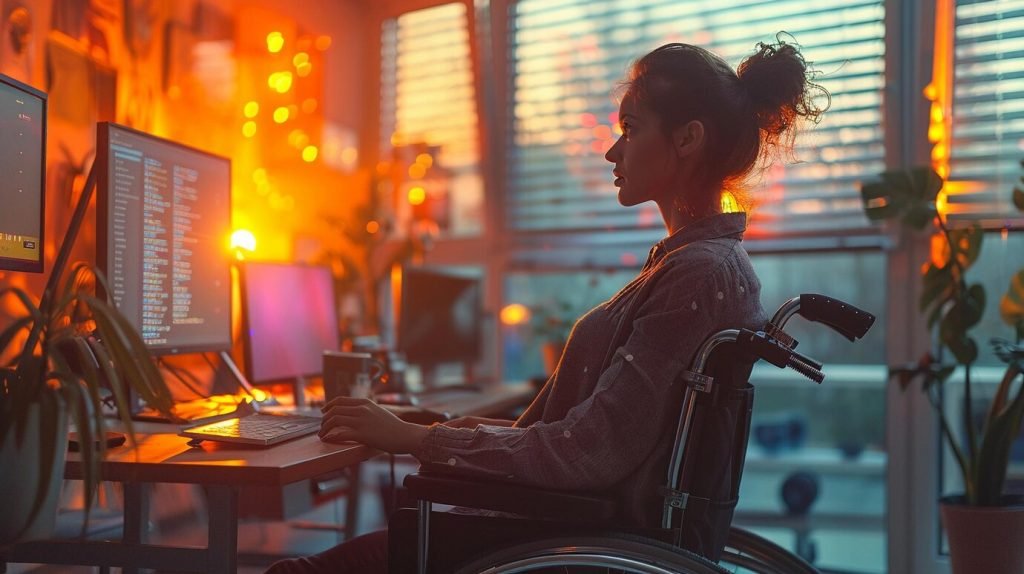 Eiine Frau in einem Rollstuhl. Sie sitzt in einem gemütlichen Büro und arbeitet problemlos an ihrem Computer, passend zum Thema Barrierefreiheit.