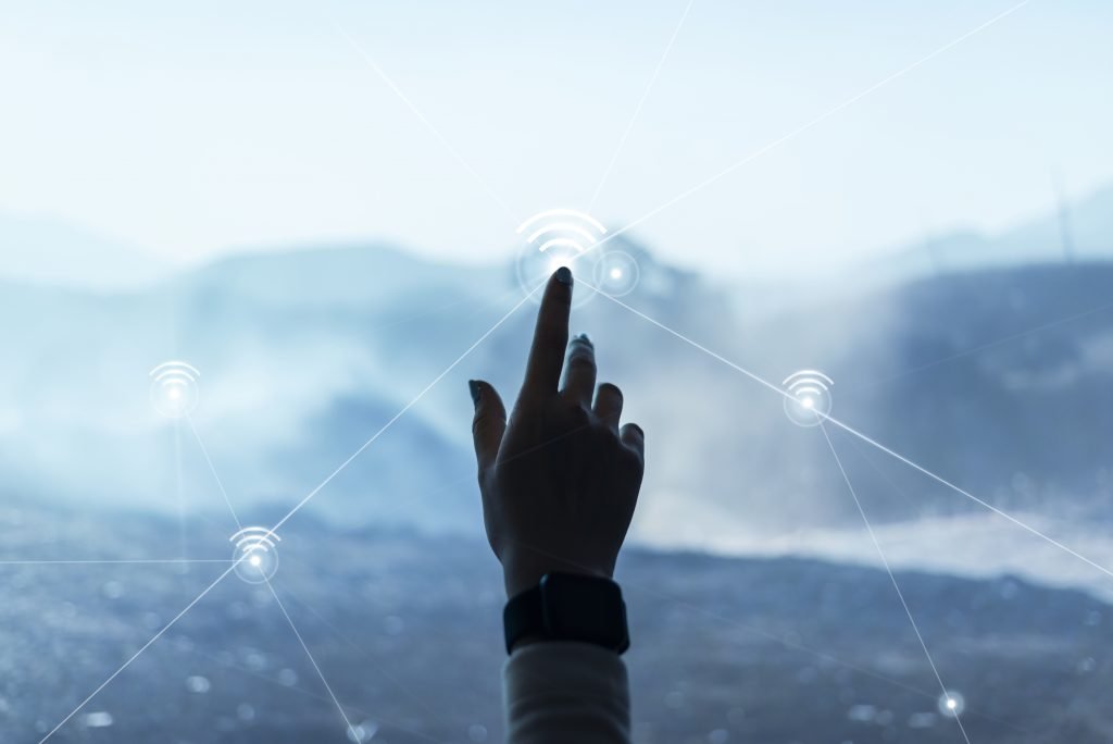 Agentur Digital communication technology background with hand touching virtual screen digital remix